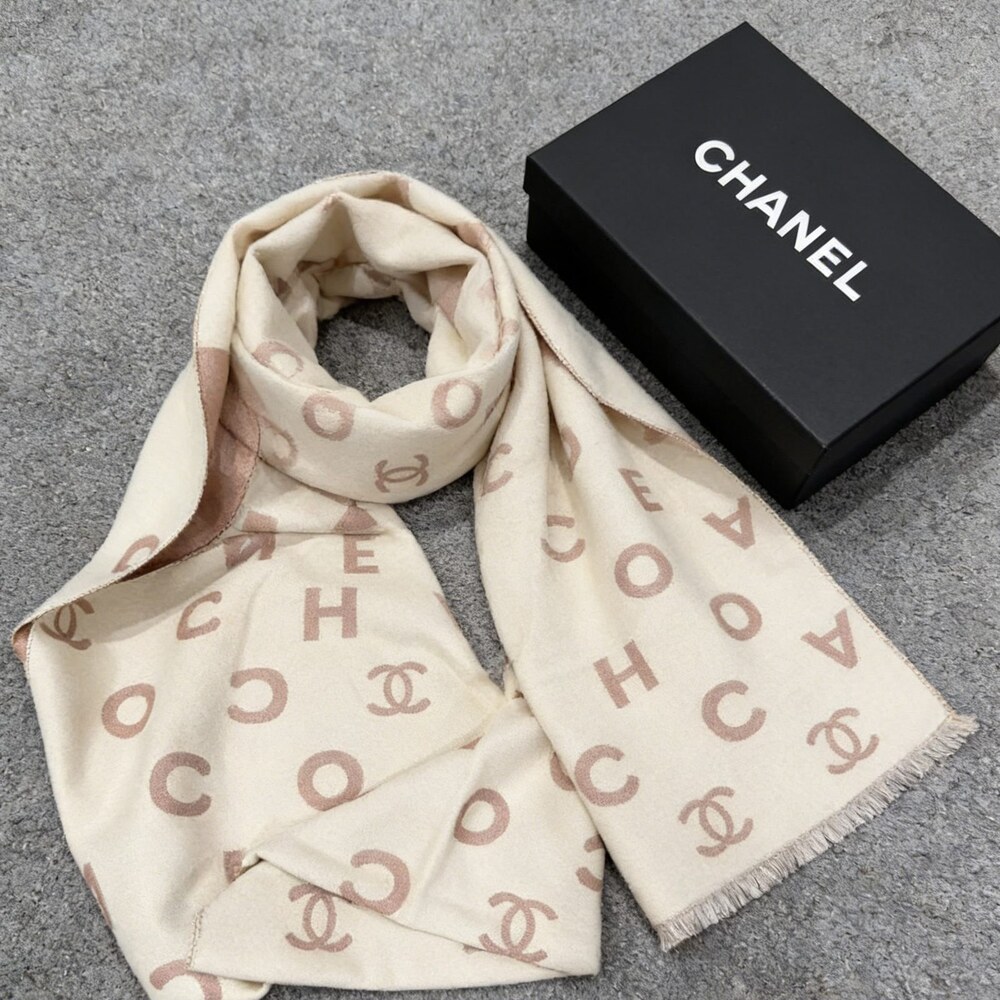 CHANEL Taupe Cream Stripe CC Logo Scarf - Picture 2 of 4